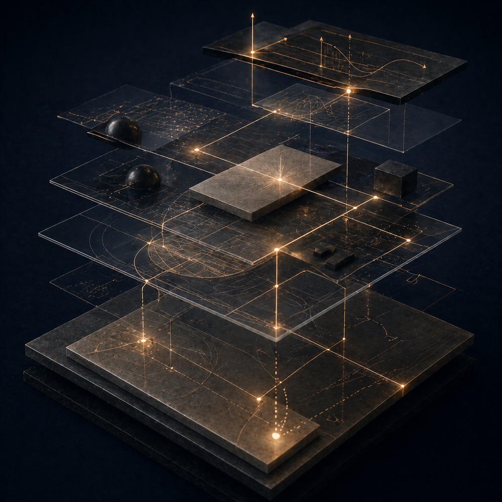 Layered algebraic visual representing Add Maths readiness and connected reasoning
