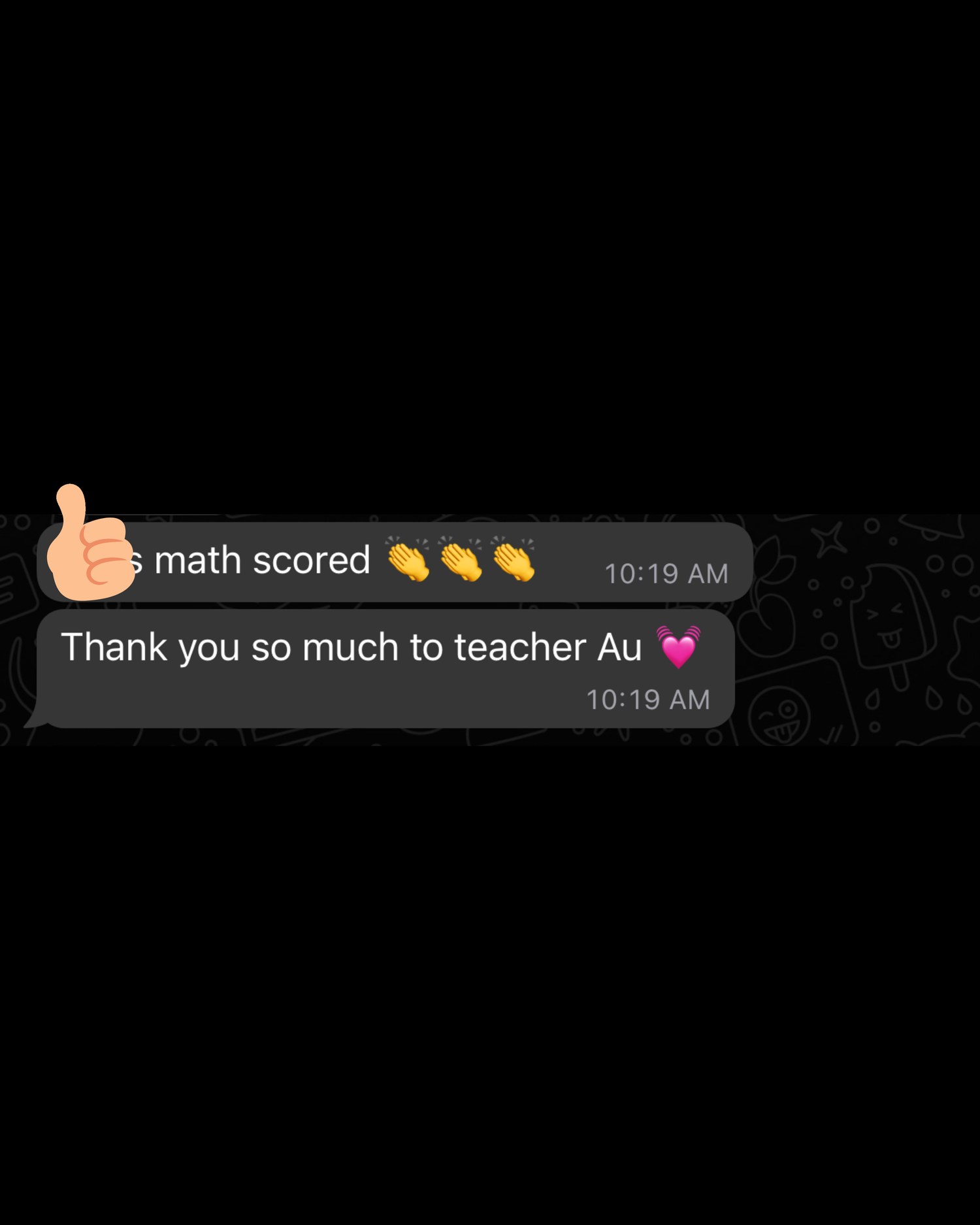 Prepared parent testimonial screenshot thanking Teacher Au for a Maths result