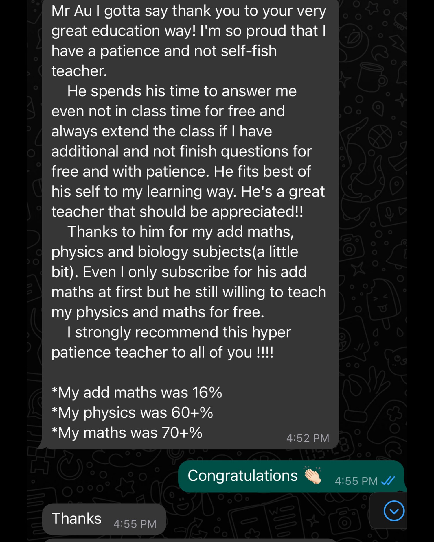 Prepared student testimonial screenshot about patient teaching and Add Maths support