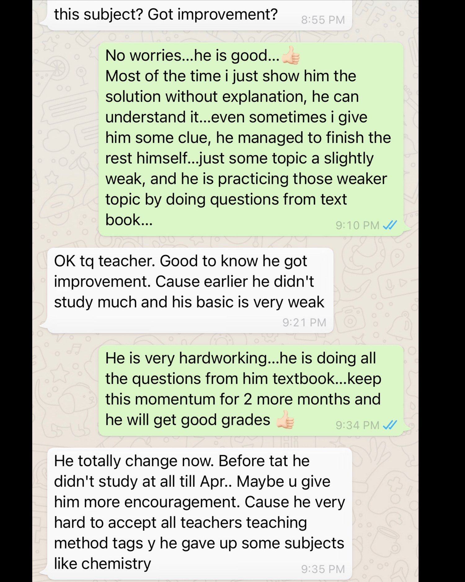 Prepared parent testimonial screenshot about school Maths result improvement to 75 out of 100