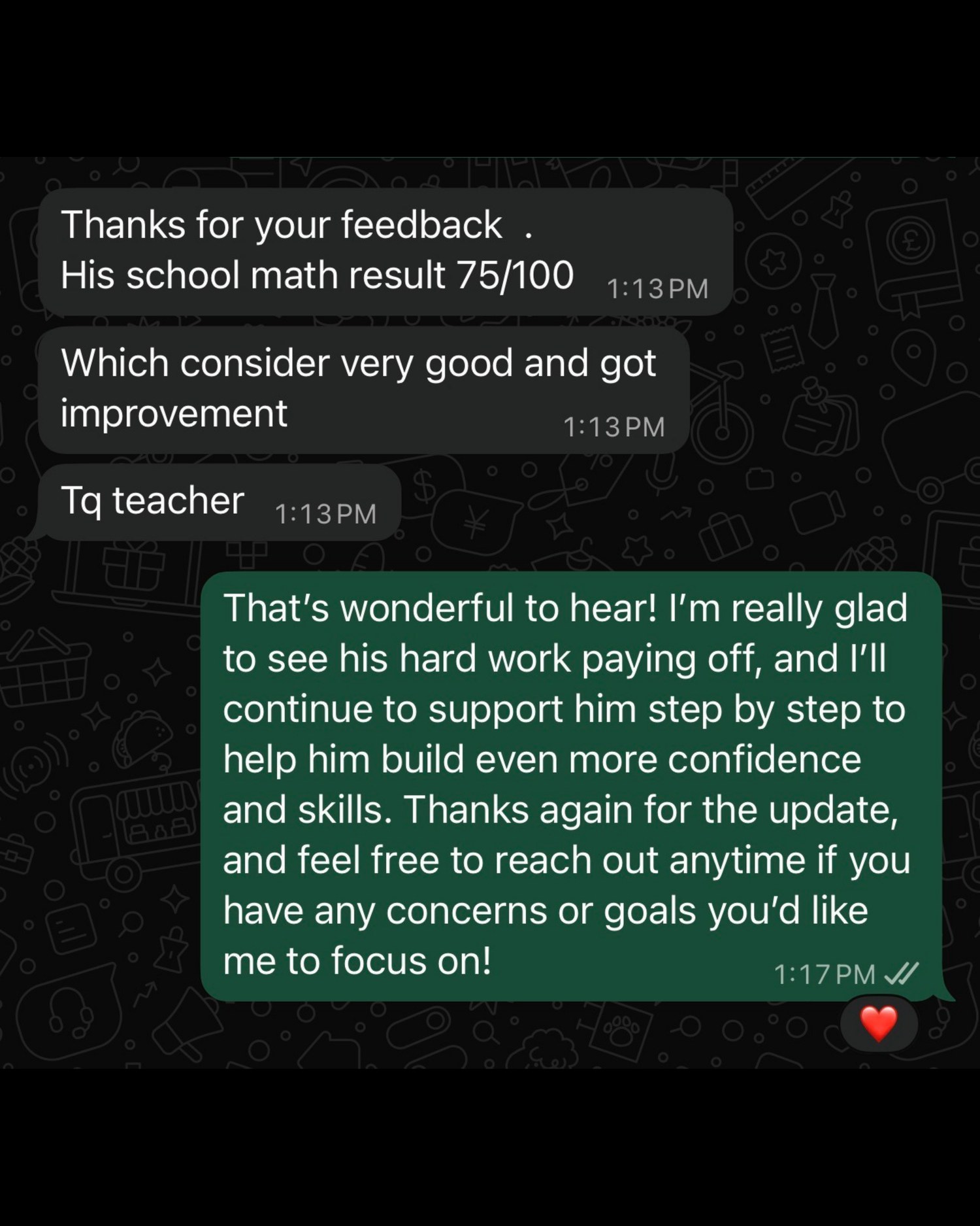 Prepared parent testimonial screenshot about foundation improvement and independent practice