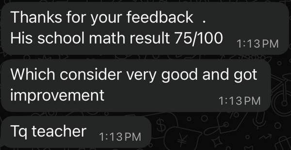 WhatsApp messages from a parent sharing a school Maths result of 75 out of 100
