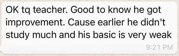 WhatsApp message from a parent saying her son has improved after weak basics